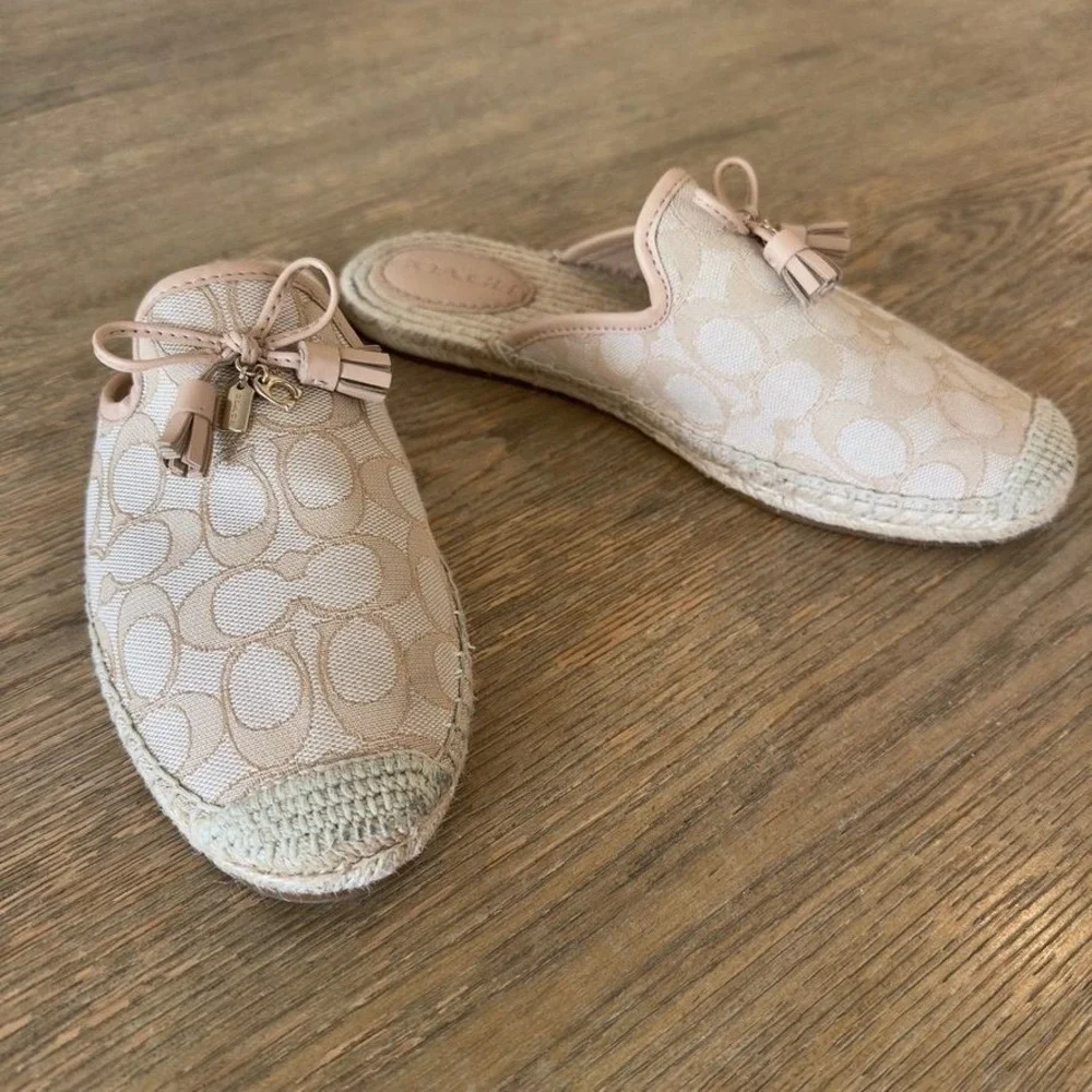 Coach Signature Espadrille Mules Slides Women's 9 Tan Beige Jacquard Tassel Bow